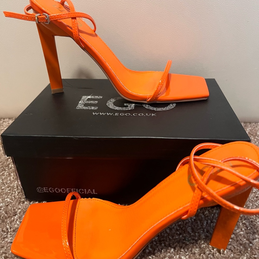 EGO Orange Patent Strappy Heels - Square Toe Stiletto Sandals